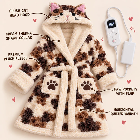 Heated CatRobe with feature callouts, heat controller and power bank