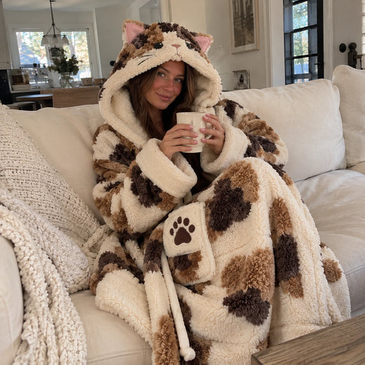 Woman on a cream sofa wearing the heated cat-head robe with the hood up, holding a mug